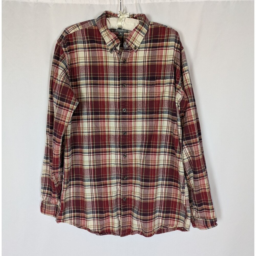 Eddie Bauer Button Down LT Mens Relaxed Fit Red Plaid Flannel Cotton Long Sleeve